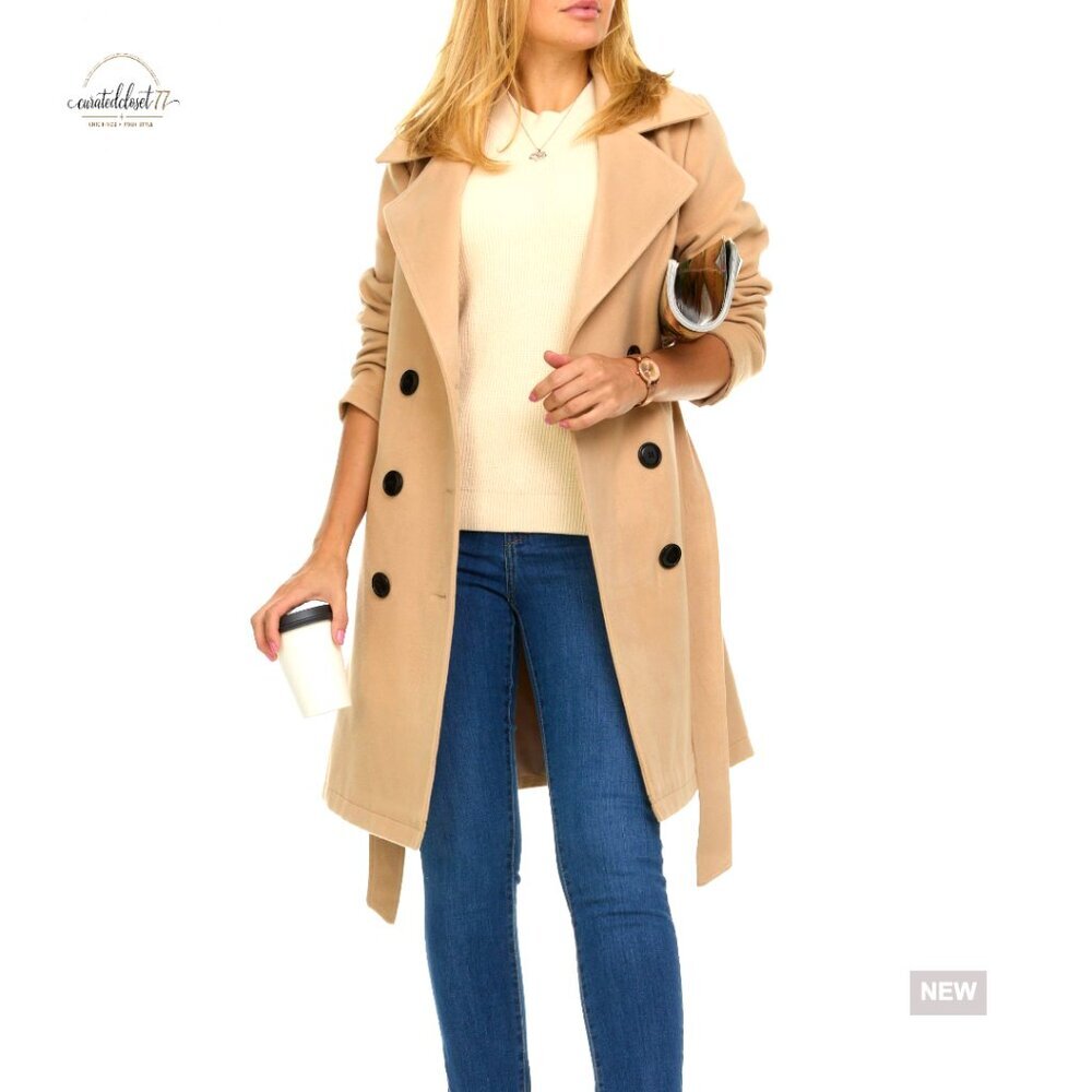 Double-Breasted Trench Coat, Faux Wool, Winter Coat with Belt
